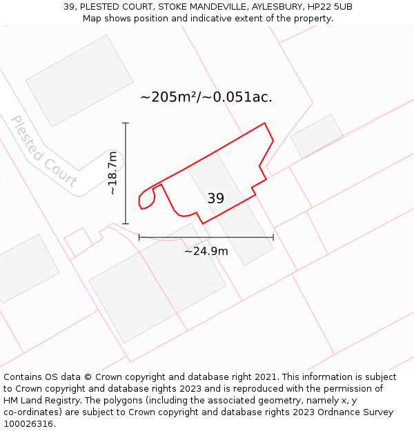 39, PLESTED COURT, STOKE MANDEVILLE, AYLESBURY, HP22 5UB: Plot and title map