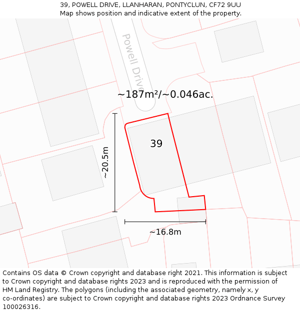 39, POWELL DRIVE, LLANHARAN, PONTYCLUN, CF72 9UU: Plot and title map