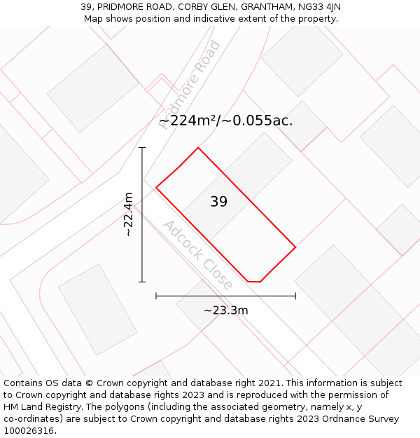 39, PRIDMORE ROAD, CORBY GLEN, GRANTHAM, NG33 4JN: Plot and title map