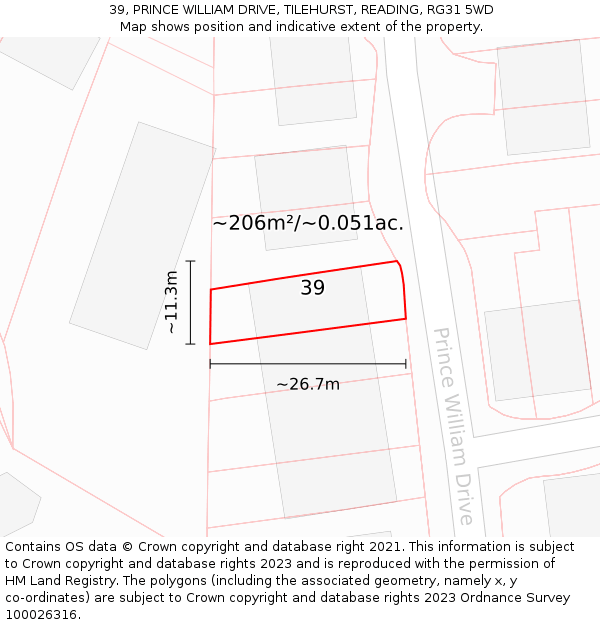 39, PRINCE WILLIAM DRIVE, TILEHURST, READING, RG31 5WD: Plot and title map