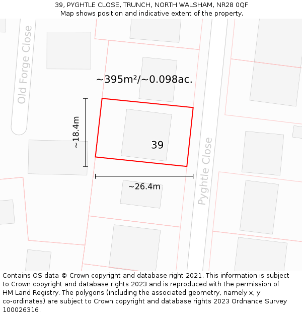 39, PYGHTLE CLOSE, TRUNCH, NORTH WALSHAM, NR28 0QF: Plot and title map