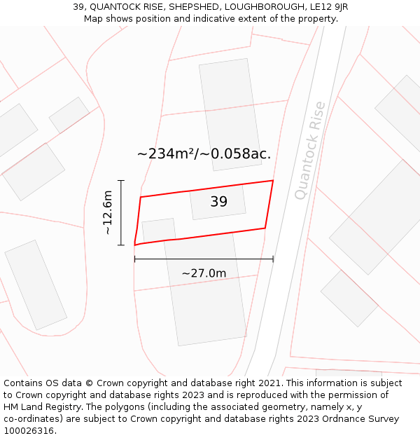 39, QUANTOCK RISE, SHEPSHED, LOUGHBOROUGH, LE12 9JR: Plot and title map