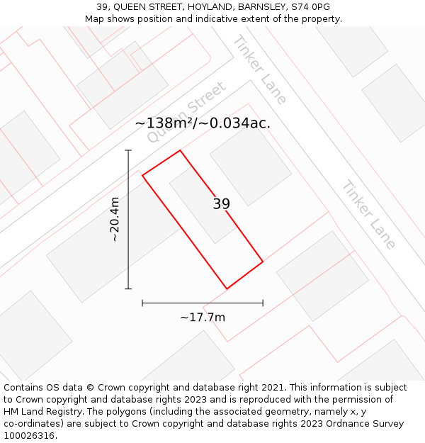 39, QUEEN STREET, HOYLAND, BARNSLEY, S74 0PG: Plot and title map