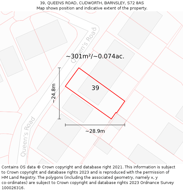 39, QUEENS ROAD, CUDWORTH, BARNSLEY, S72 8AS: Plot and title map