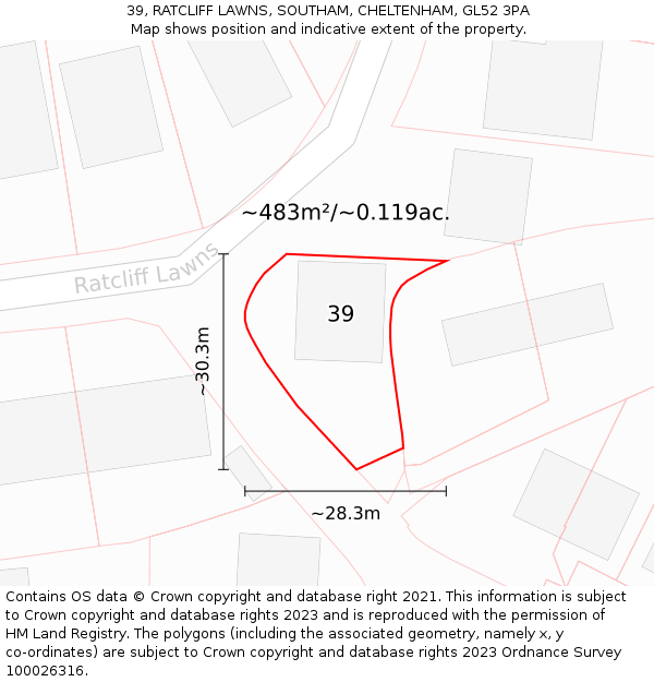 39, RATCLIFF LAWNS, SOUTHAM, CHELTENHAM, GL52 3PA: Plot and title map