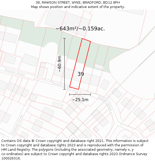 39, RAWSON STREET, WYKE, BRADFORD, BD12 8PH: Plot and title map