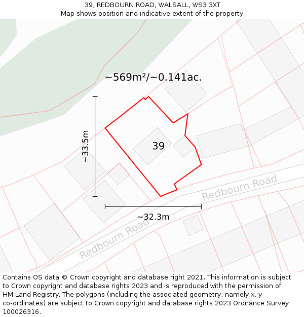 39, REDBOURN ROAD, WALSALL, WS3 3XT: Plot and title map