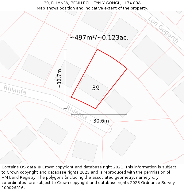 39, RHIANFA, BENLLECH, TYN-Y-GONGL, LL74 8RA: Plot and title map