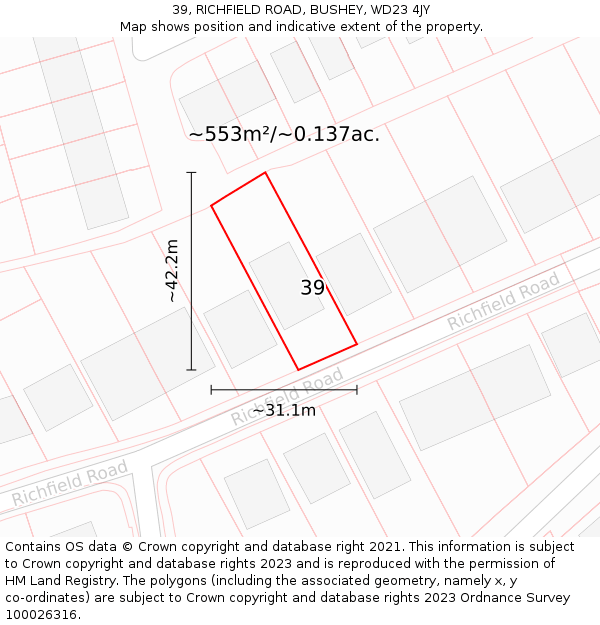 39, RICHFIELD ROAD, BUSHEY, WD23 4JY: Plot and title map