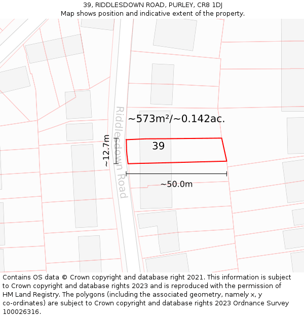 39, RIDDLESDOWN ROAD, PURLEY, CR8 1DJ: Plot and title map