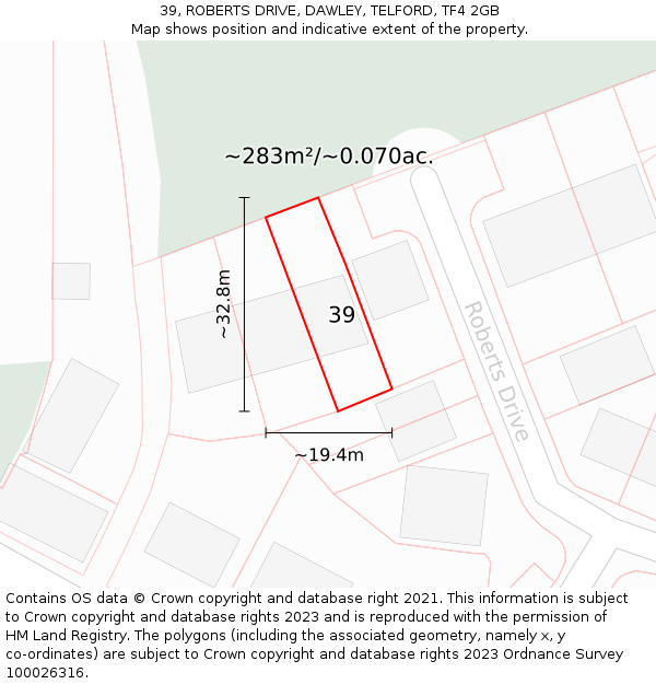 39, ROBERTS DRIVE, DAWLEY, TELFORD, TF4 2GB: Plot and title map