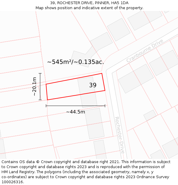 39, ROCHESTER DRIVE, PINNER, HA5 1DA: Plot and title map