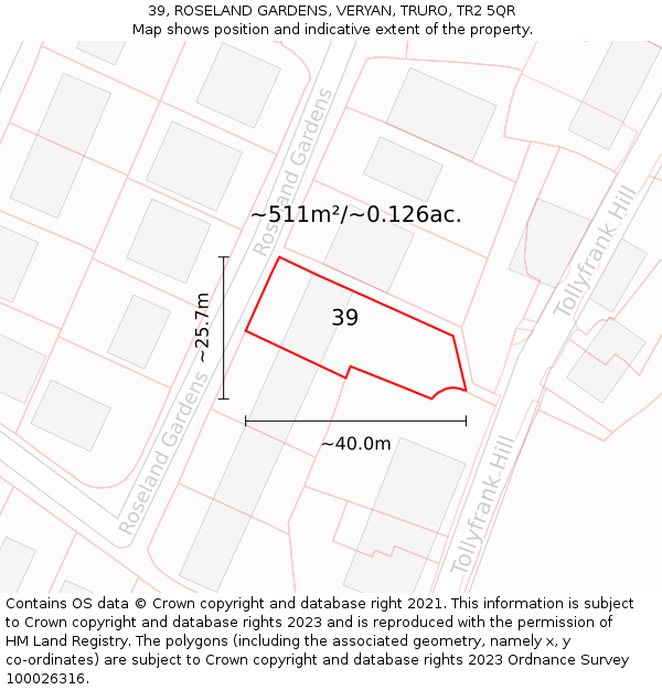 39, ROSELAND GARDENS, VERYAN, TRURO, TR2 5QR: Plot and title map