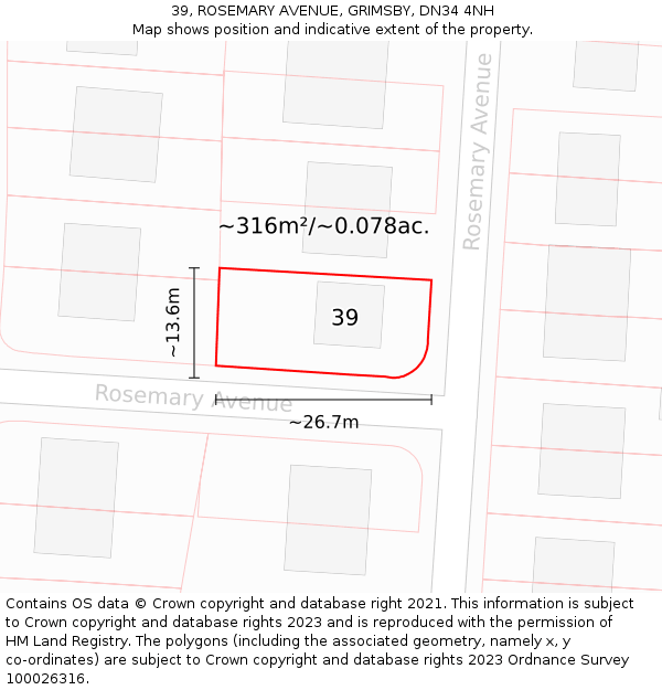 39, ROSEMARY AVENUE, GRIMSBY, DN34 4NH: Plot and title map
