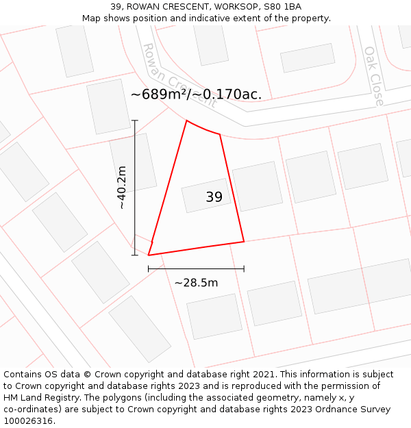 39, ROWAN CRESCENT, WORKSOP, S80 1BA: Plot and title map