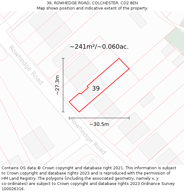 39, ROWHEDGE ROAD, COLCHESTER, CO2 8EN: Plot and title map