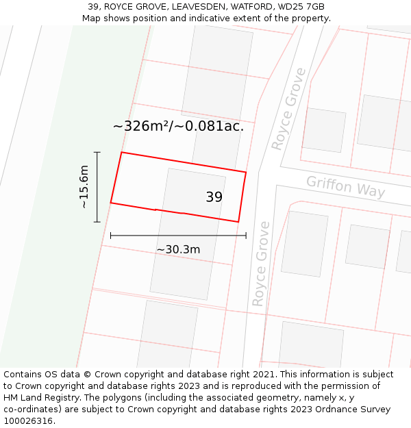 39, ROYCE GROVE, LEAVESDEN, WATFORD, WD25 7GB: Plot and title map