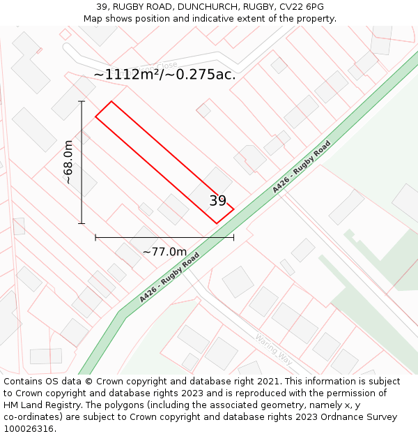 39, RUGBY ROAD, DUNCHURCH, RUGBY, CV22 6PG: Plot and title map