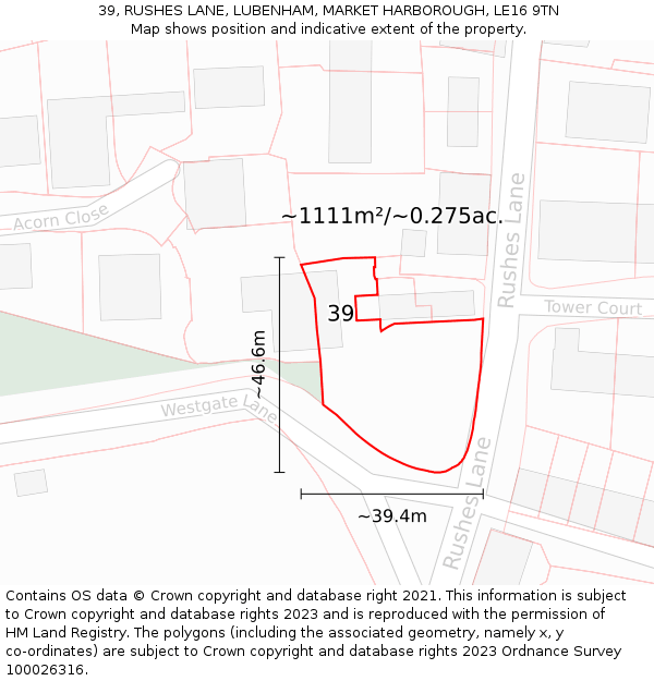 39, RUSHES LANE, LUBENHAM, MARKET HARBOROUGH, LE16 9TN: Plot and title map