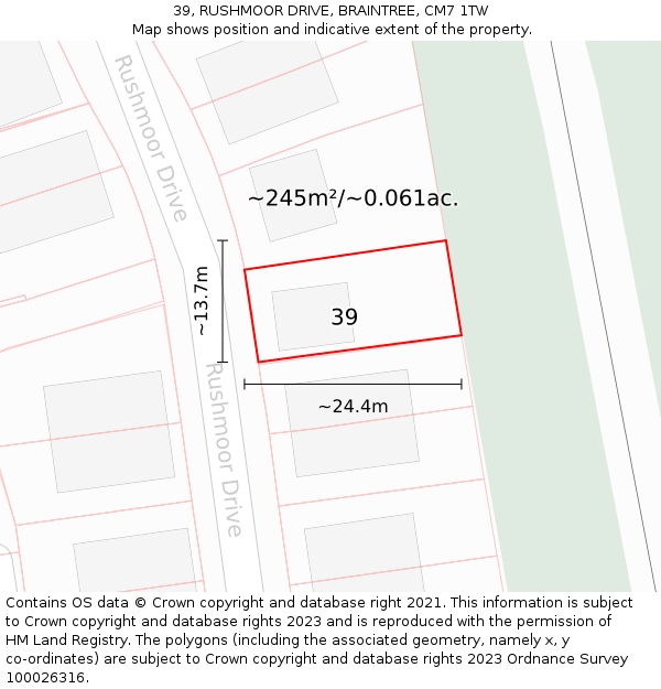39, RUSHMOOR DRIVE, BRAINTREE, CM7 1TW: Plot and title map