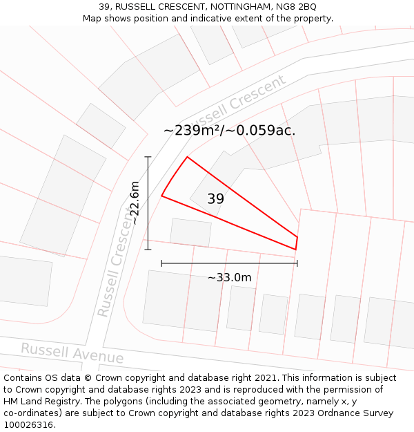 39, RUSSELL CRESCENT, NOTTINGHAM, NG8 2BQ: Plot and title map