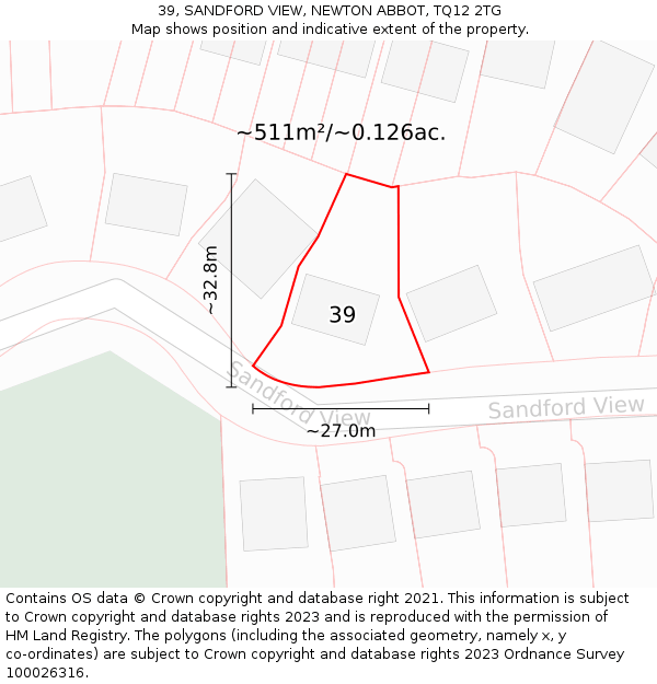 39, SANDFORD VIEW, NEWTON ABBOT, TQ12 2TG: Plot and title map