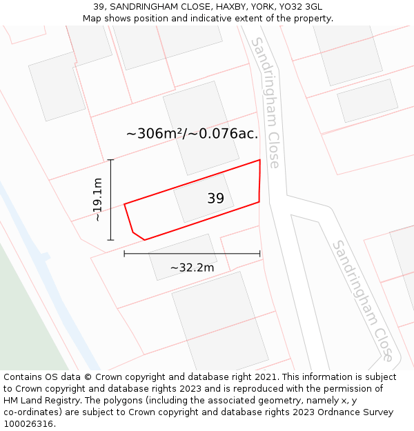 39, SANDRINGHAM CLOSE, HAXBY, YORK, YO32 3GL: Plot and title map