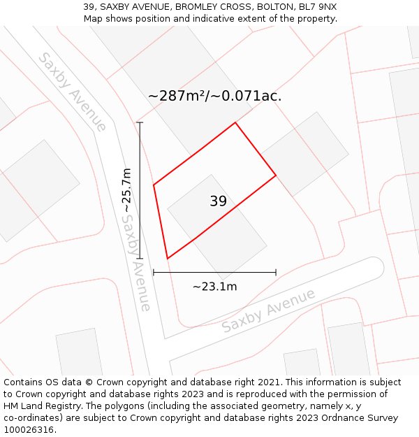 39, SAXBY AVENUE, BROMLEY CROSS, BOLTON, BL7 9NX: Plot and title map