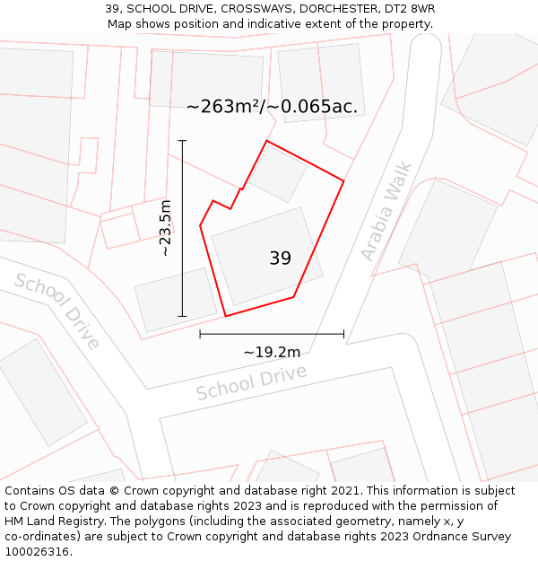 39, SCHOOL DRIVE, CROSSWAYS, DORCHESTER, DT2 8WR: Plot and title map