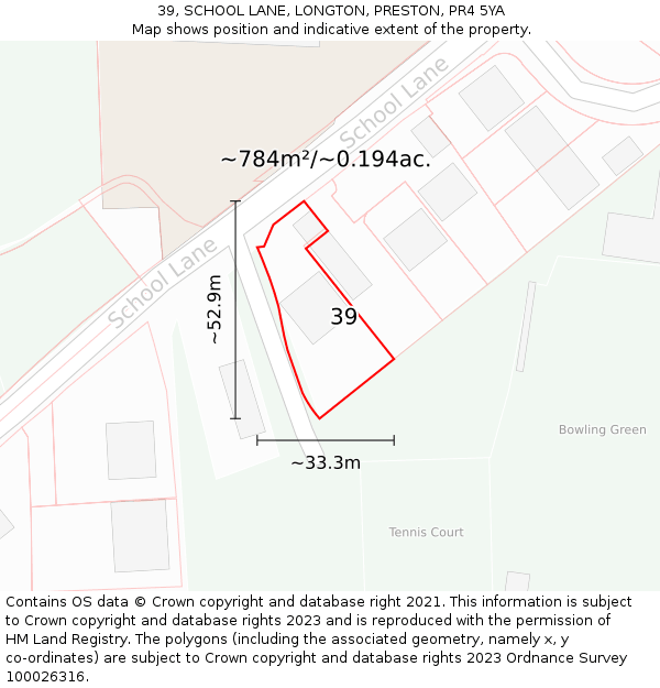 39, SCHOOL LANE, LONGTON, PRESTON, PR4 5YA: Plot and title map