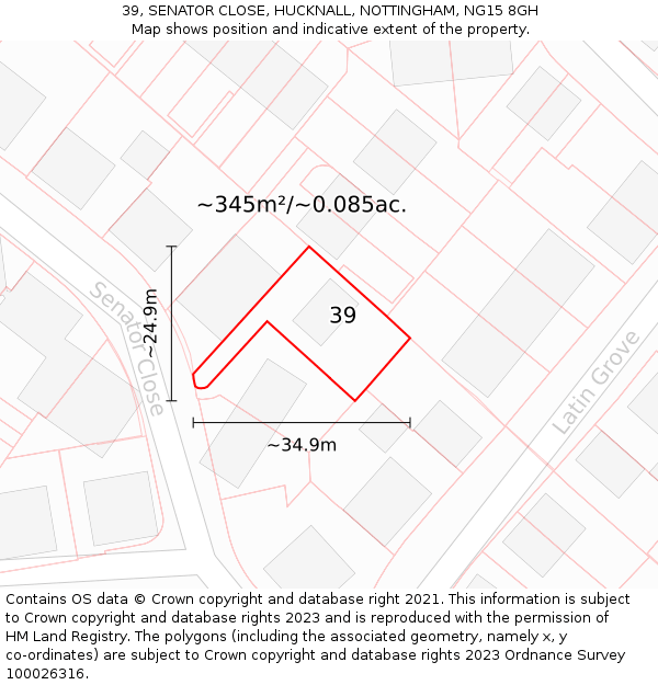 39, SENATOR CLOSE, HUCKNALL, NOTTINGHAM, NG15 8GH: Plot and title map
