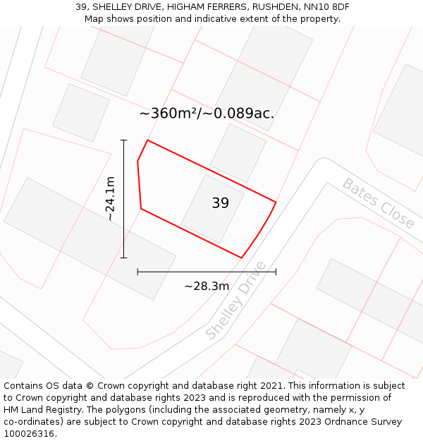 39, SHELLEY DRIVE, HIGHAM FERRERS, RUSHDEN, NN10 8DF: Plot and title map