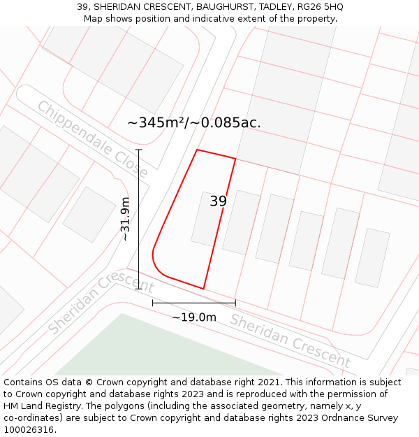39, SHERIDAN CRESCENT, BAUGHURST, TADLEY, RG26 5HQ: Plot and title map