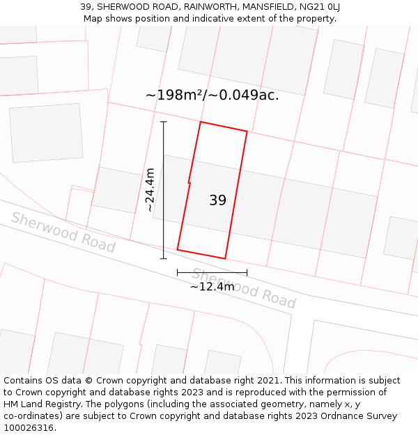 39, SHERWOOD ROAD, RAINWORTH, MANSFIELD, NG21 0LJ: Plot and title map