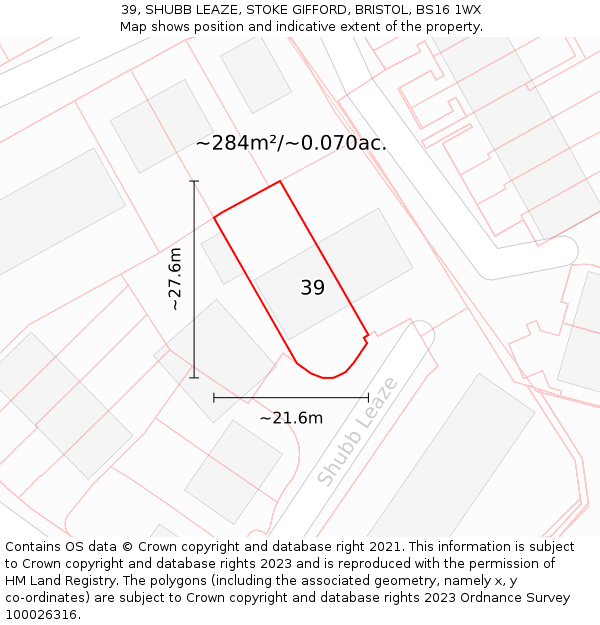 39, SHUBB LEAZE, STOKE GIFFORD, BRISTOL, BS16 1WX: Plot and title map