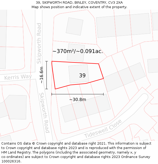 39, SKIPWORTH ROAD, BINLEY, COVENTRY, CV3 2XA: Plot and title map