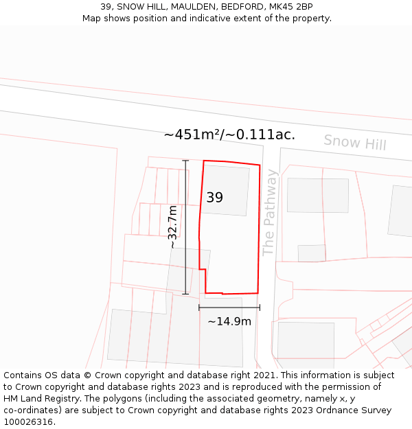 39, SNOW HILL, MAULDEN, BEDFORD, MK45 2BP: Plot and title map