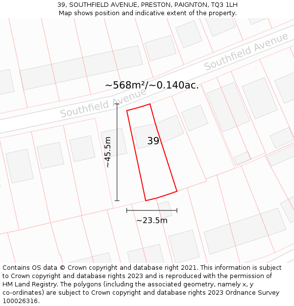 39, SOUTHFIELD AVENUE, PRESTON, PAIGNTON, TQ3 1LH: Plot and title map