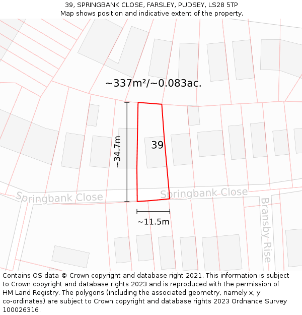 39, SPRINGBANK CLOSE, FARSLEY, PUDSEY, LS28 5TP: Plot and title map