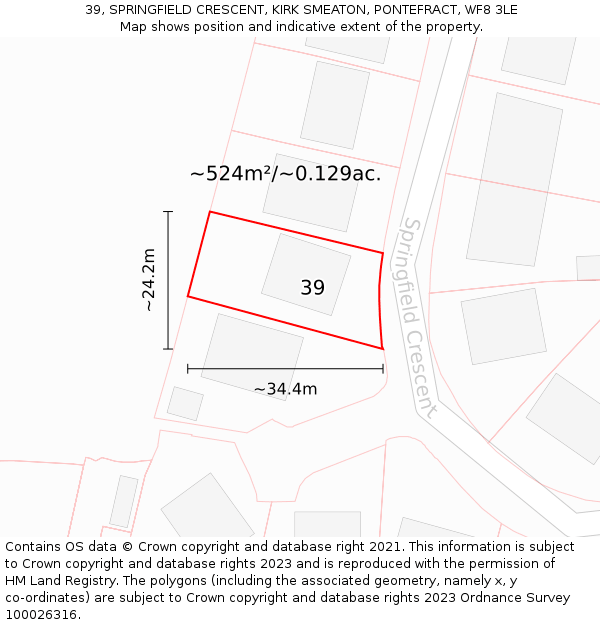 39, SPRINGFIELD CRESCENT, KIRK SMEATON, PONTEFRACT, WF8 3LE: Plot and title map