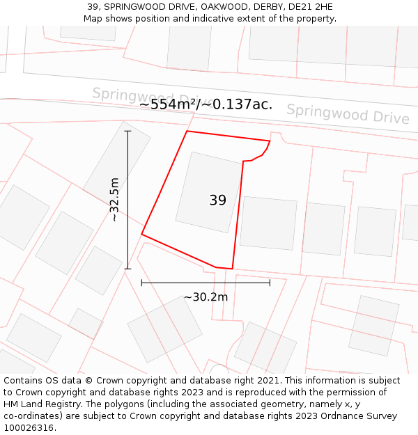 39, SPRINGWOOD DRIVE, OAKWOOD, DERBY, DE21 2HE: Plot and title map