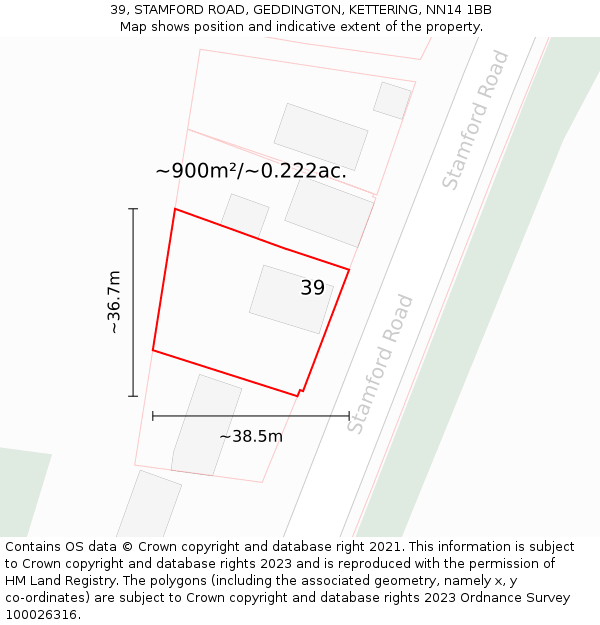 39, STAMFORD ROAD, GEDDINGTON, KETTERING, NN14 1BB: Plot and title map