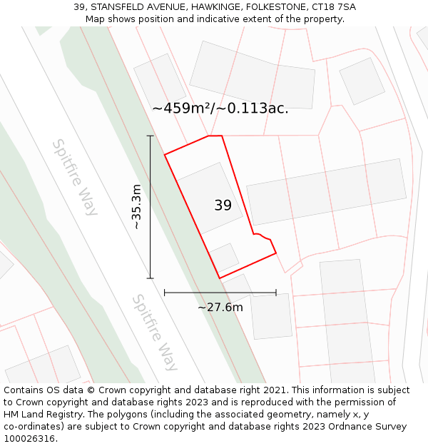 39, STANSFELD AVENUE, HAWKINGE, FOLKESTONE, CT18 7SA: Plot and title map
