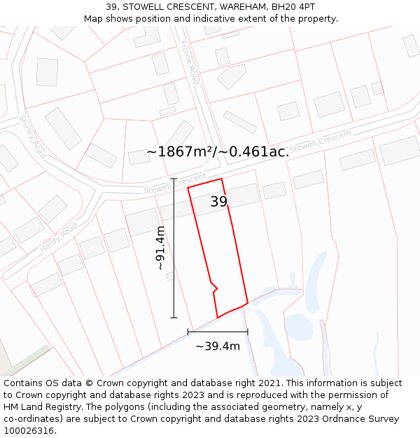 39, STOWELL CRESCENT, WAREHAM, BH20 4PT: Plot and title map
