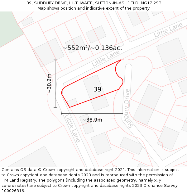 39, SUDBURY DRIVE, HUTHWAITE, SUTTON-IN-ASHFIELD, NG17 2SB: Plot and title map