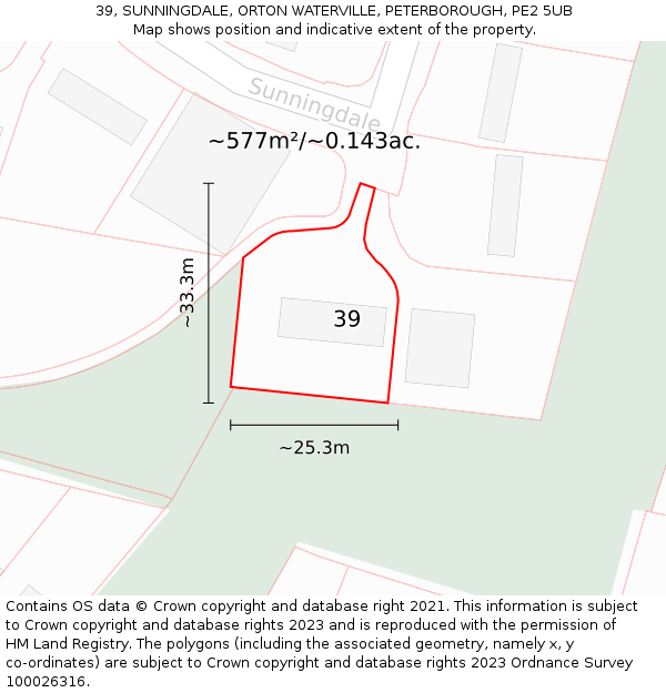 39, SUNNINGDALE, ORTON WATERVILLE, PETERBOROUGH, PE2 5UB: Plot and title map