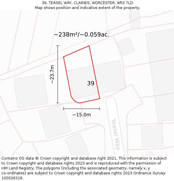 39, TEASEL WAY, CLAINES, WORCESTER, WR3 7LD: Plot and title map
