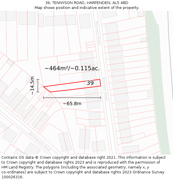 39, TENNYSON ROAD, HARPENDEN, AL5 4BD: Plot and title map