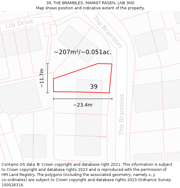 39, THE BRAMBLES, MARKET RASEN, LN8 3NS: Plot and title map