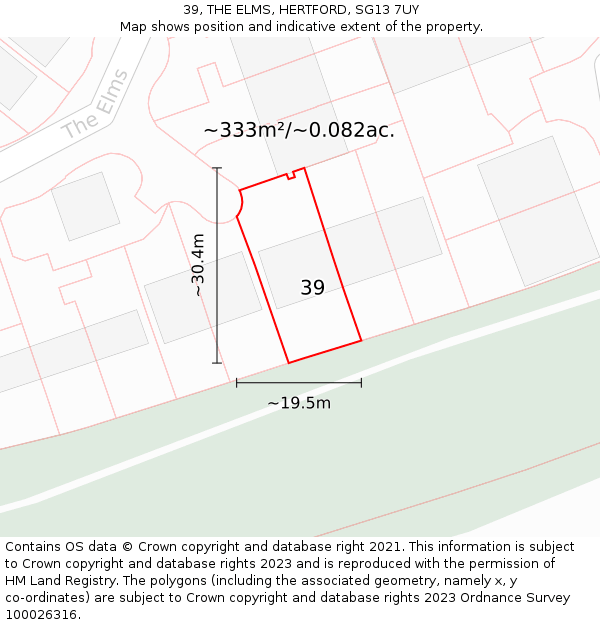 39, THE ELMS, HERTFORD, SG13 7UY: Plot and title map